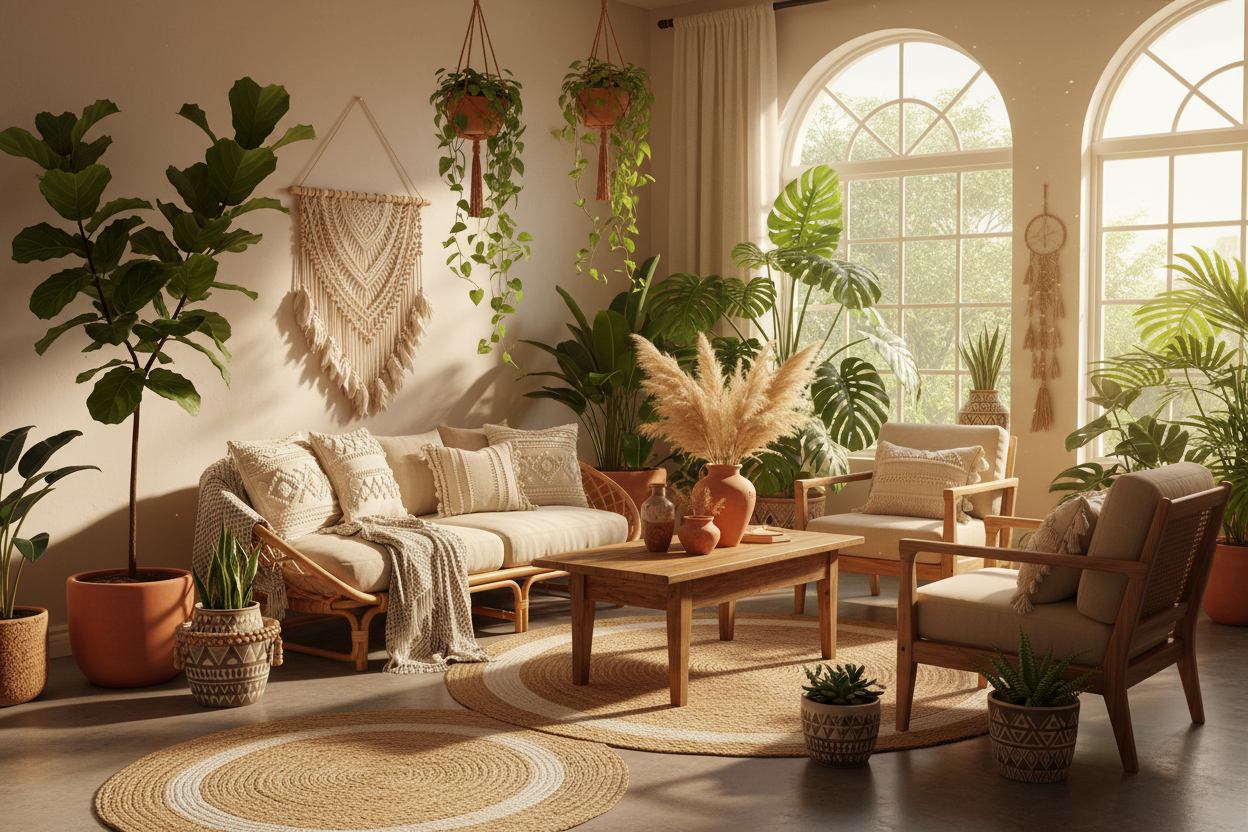 A boho living room filled with lush indoor plants, woven decor, and warm natural lighting.