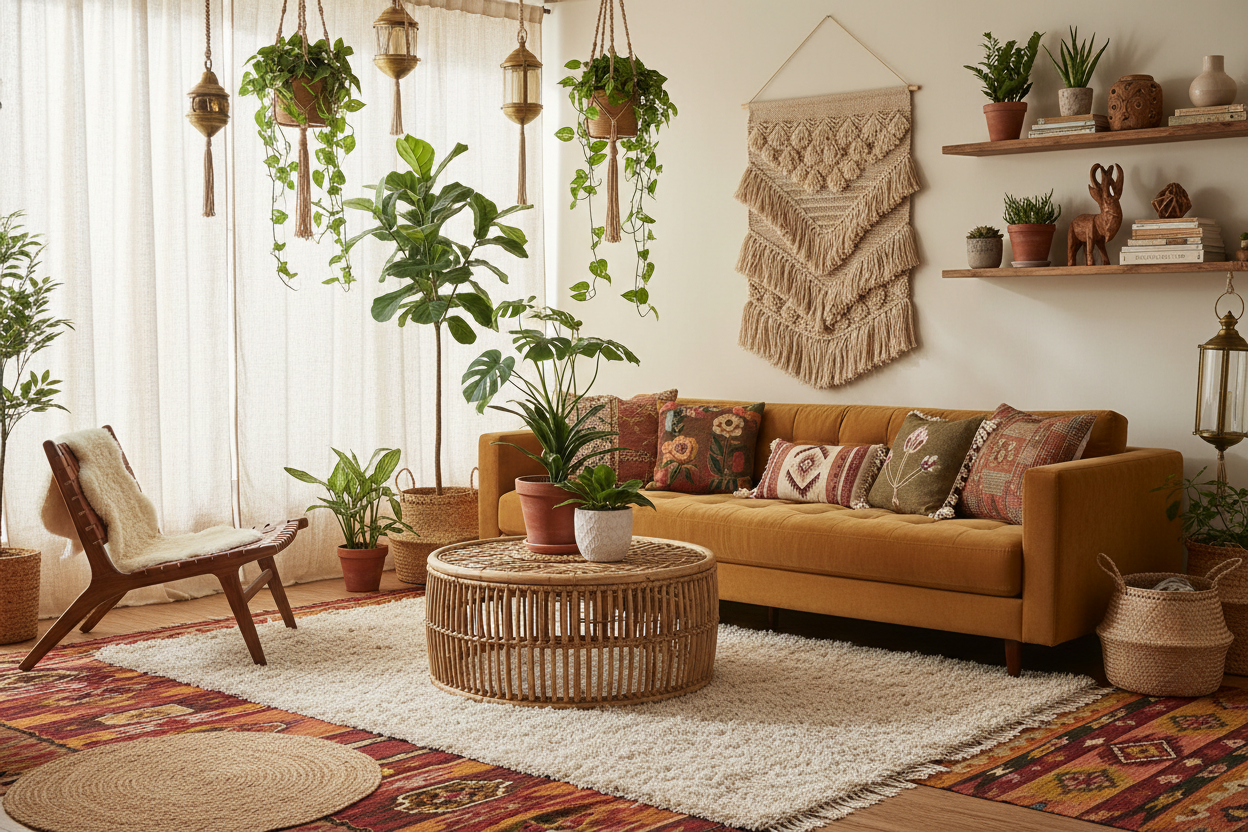 A bright bohemian living room with patterned rugs, woven textures, indoor plants, and warm earthy tones creating a relaxed boho atmosphere.