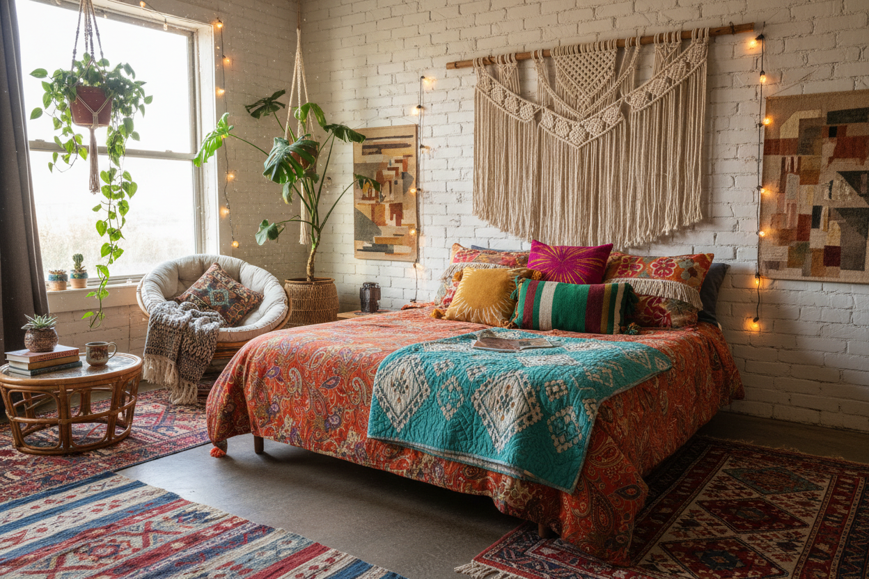 A colorful boho bedroom with mixed patterned textiles and layered decor.