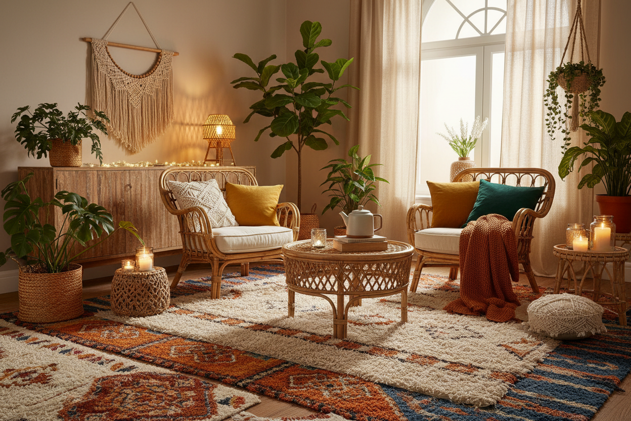 A cozy bohemian living room with layered rugs, rattan furniture, warm lighting, and indoor plants.