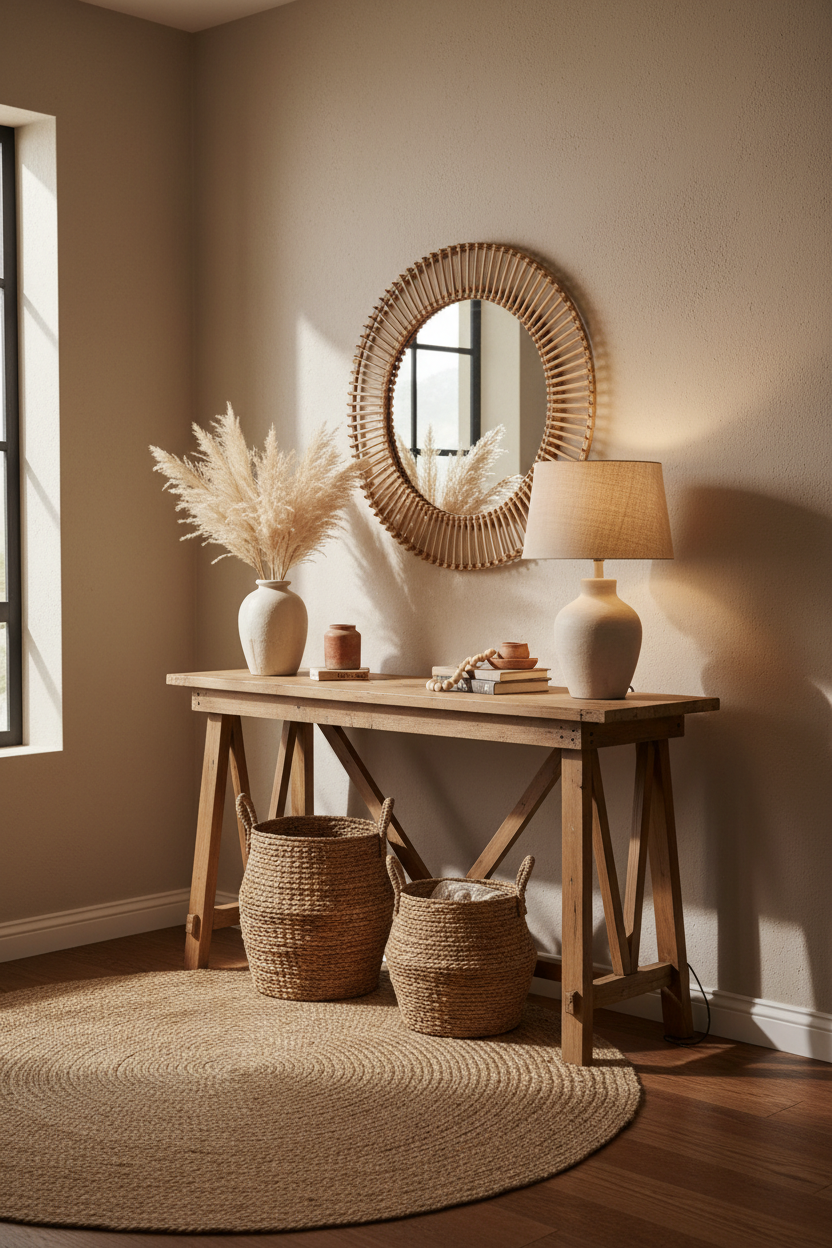 A cozy boho entryway with a wooden console table, round rattan mirror, woven baskets, jute rug, ceramic vase with pampas grass, warm lamp light, neutral beige tones, natural sunlight, realistic home interior photography, no text.