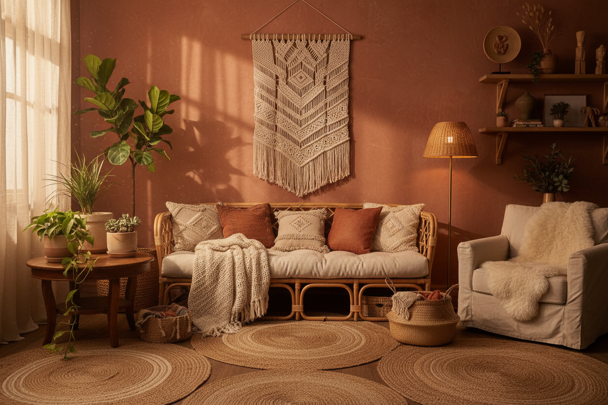 A cozy boho home with warm lighting, natural textures, and a calm atmosphere.