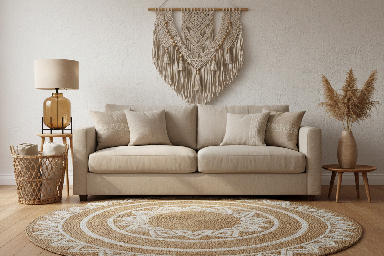 A cozy small boho room with a neutral sofa, woven rug, rattan basket, macrame wall decor, soft beige cushions, pampas grass, warm lamp lighting, natural earthy tones, realistic lifestyle interior photography, clean stylish composition, no text.