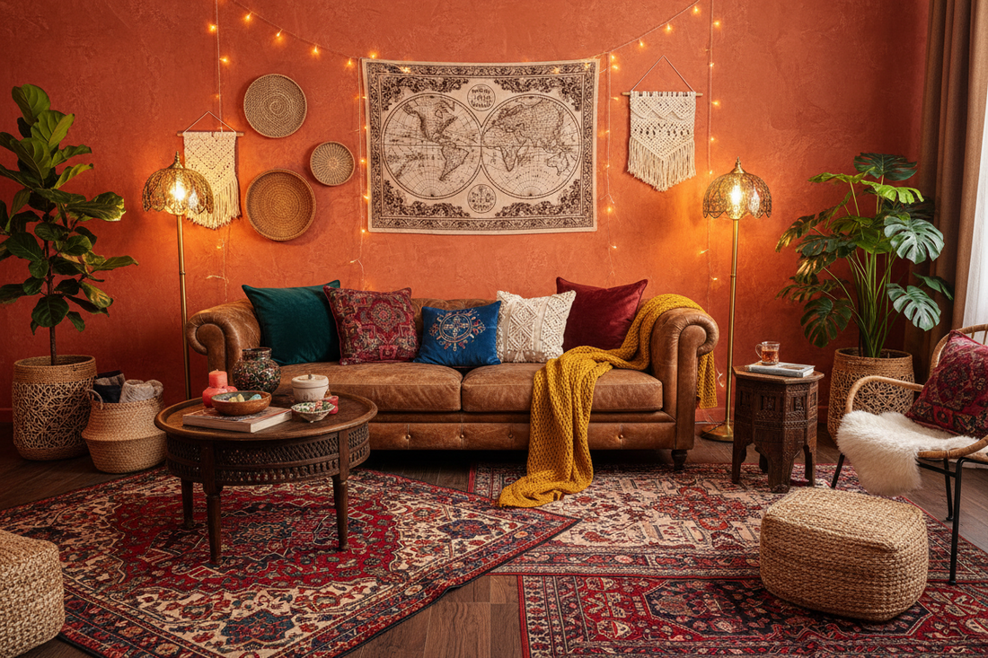 A luxurious bold boho living room with deep colors, layered textures, and warm lighting.