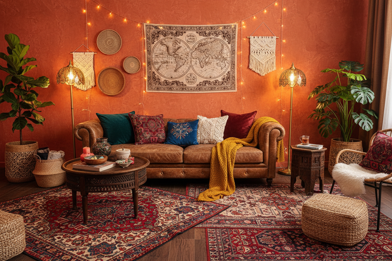 A luxurious bold boho living room with deep colors, layered textures, and warm lighting.
