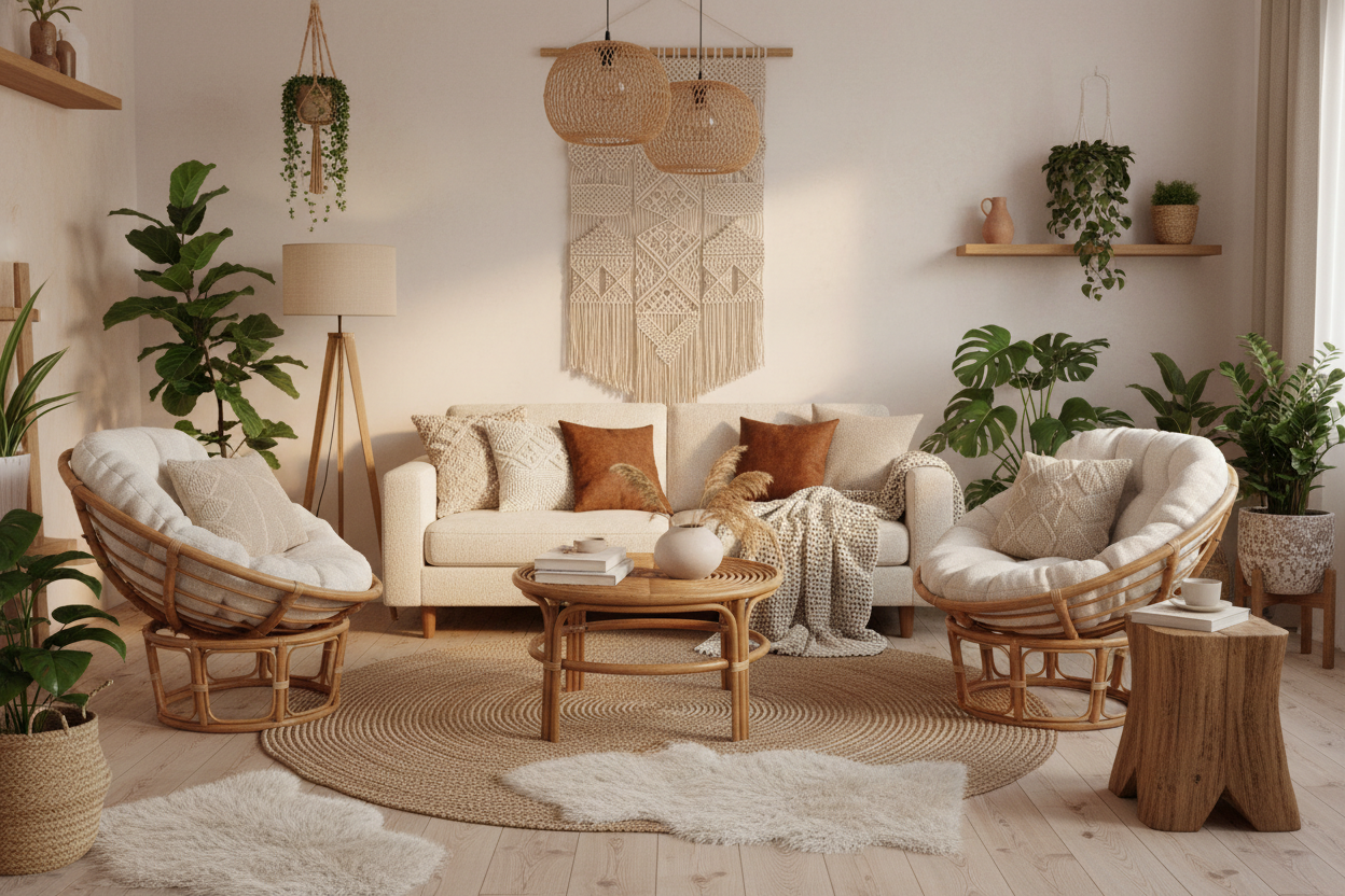 A modern boho living room with neutral tones, rattan furniture, indoor plants, and warm lighting.