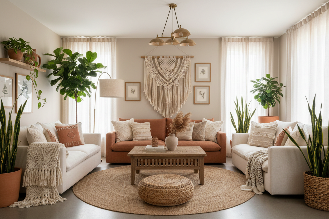 A modern boho living room with neutral tones, warm lighting, and natural textures creating a luxurious feel.