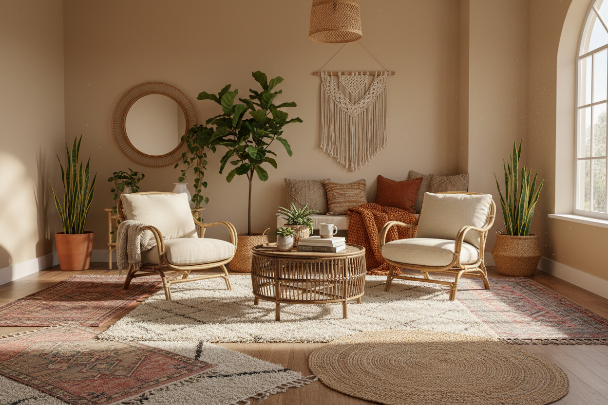 A stylish bohemian living room with layered rugs, rattan furniture, indoor plants, and warm earthy colors.