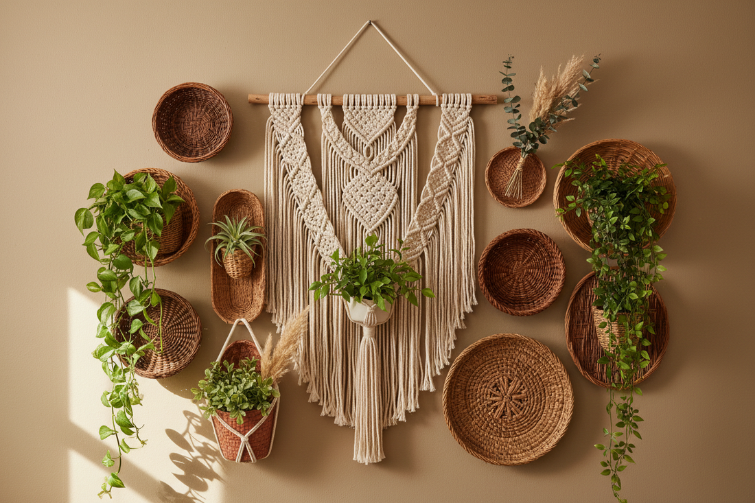 A stylish boho wall decorated with macrame, woven baskets, plants, and warm earthy tones