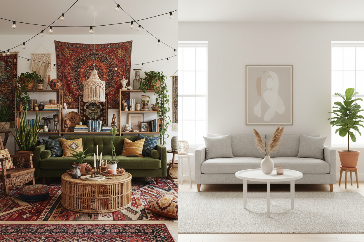 A visually busy boho room contrasted with a balanced and calming interior.