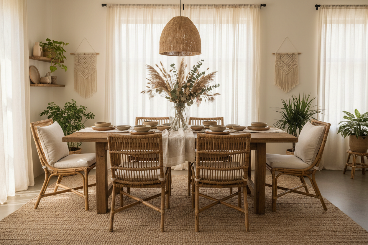 A warm boho dining room with a natural wood table, woven rattan chairs, linen table runner, ceramic plates, dried flowers, neutral rug, pendant light, and soft natural daylight in a cozy organic interior style. No text.