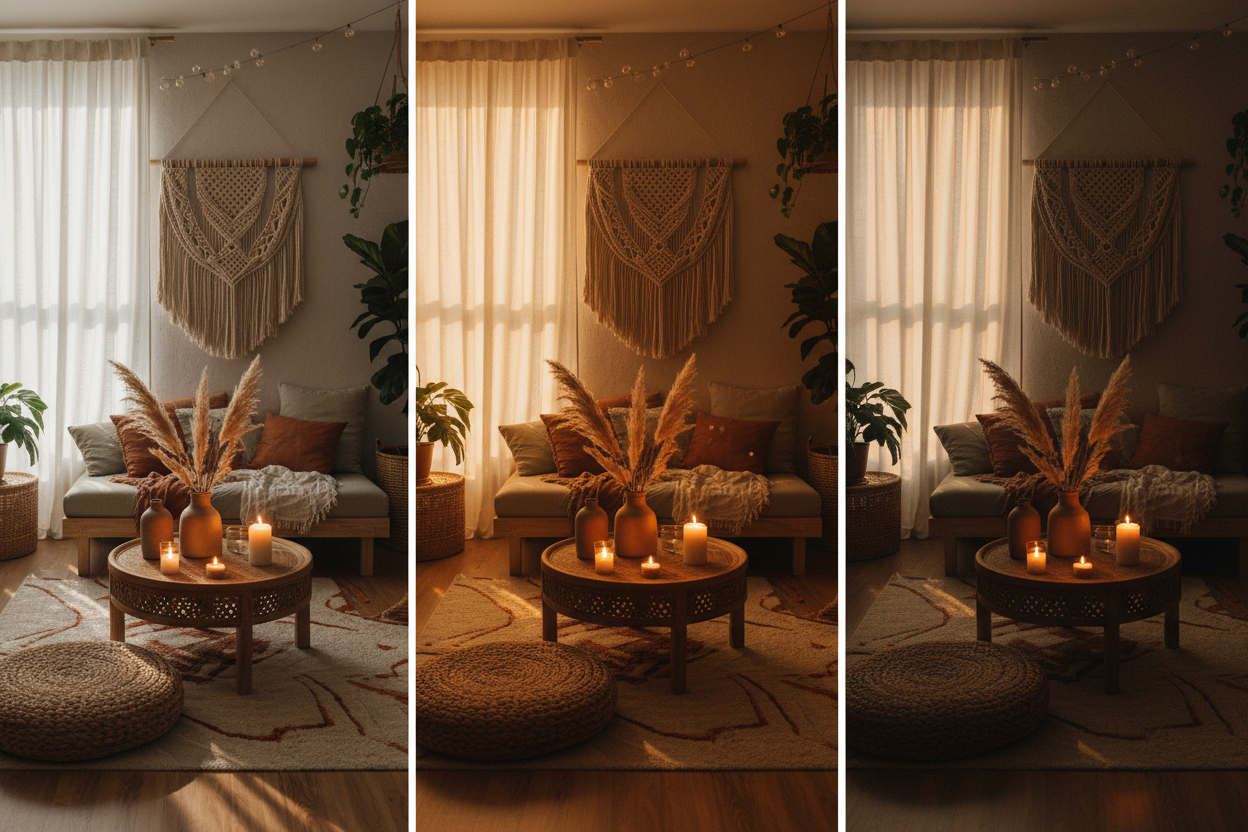 A warm boho home interior with soft lighting, natural textures, and a calm atmosphere from morning to night.
