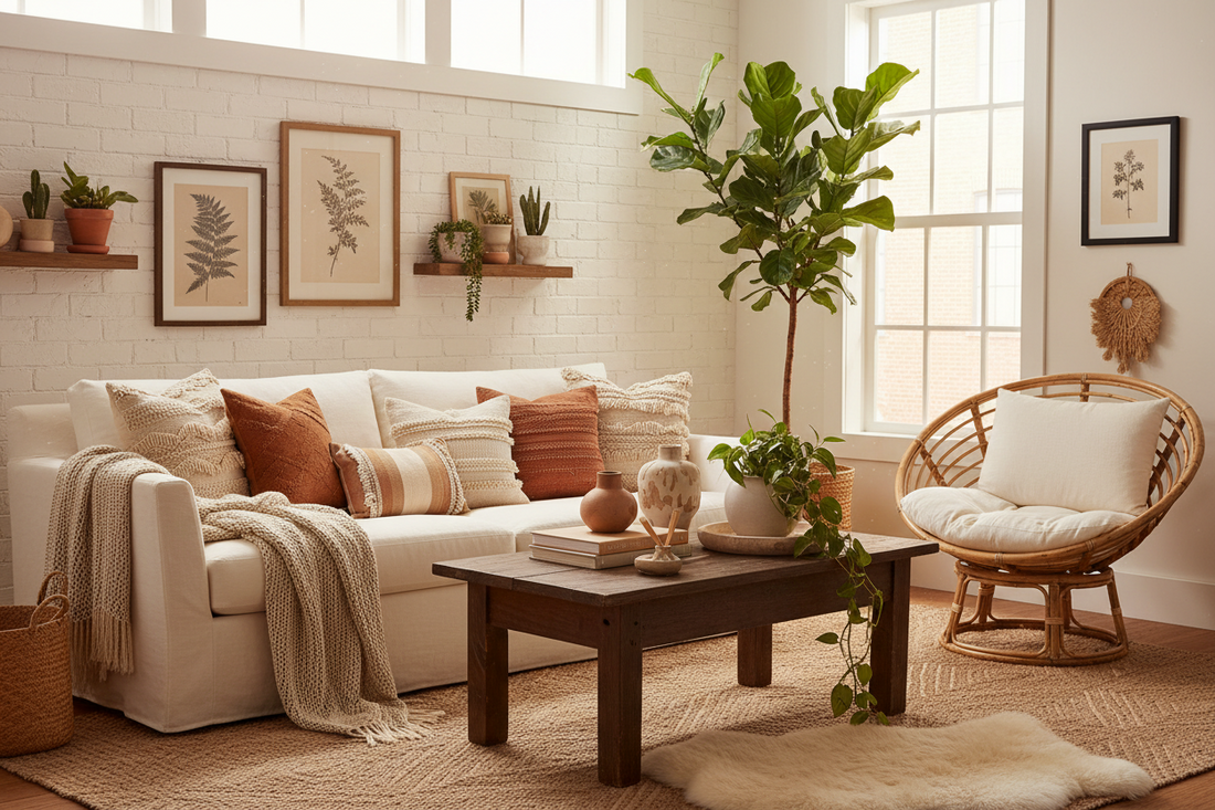 A warm boho living room with a cream sofa, woven rug, rattan chair, wood coffee table, layered pillows, soft throw blanket, indoor plants, ceramic decor, and natural daylight in a cozy collected interior style. No text.