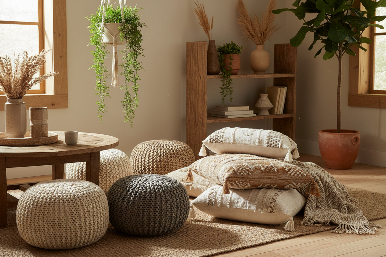a bohemian living room corner with knitted poufs and large floor cushions, soft cotton textures, neutral colors, indoor plants, wooden furniture, warm sunlight, relaxed cozy boho interior styling