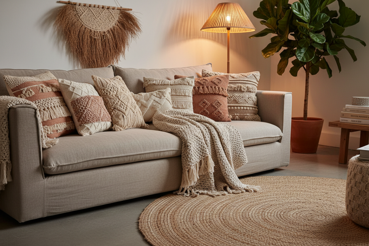 a bohemian living room sofa styled with decorative boho throw pillows, woven pillow covers, textured fabrics, neutral tones like beige, sand and terracotta, cozy warm lighting, elegant boho interior styling, high-end lifestyle home decor photography