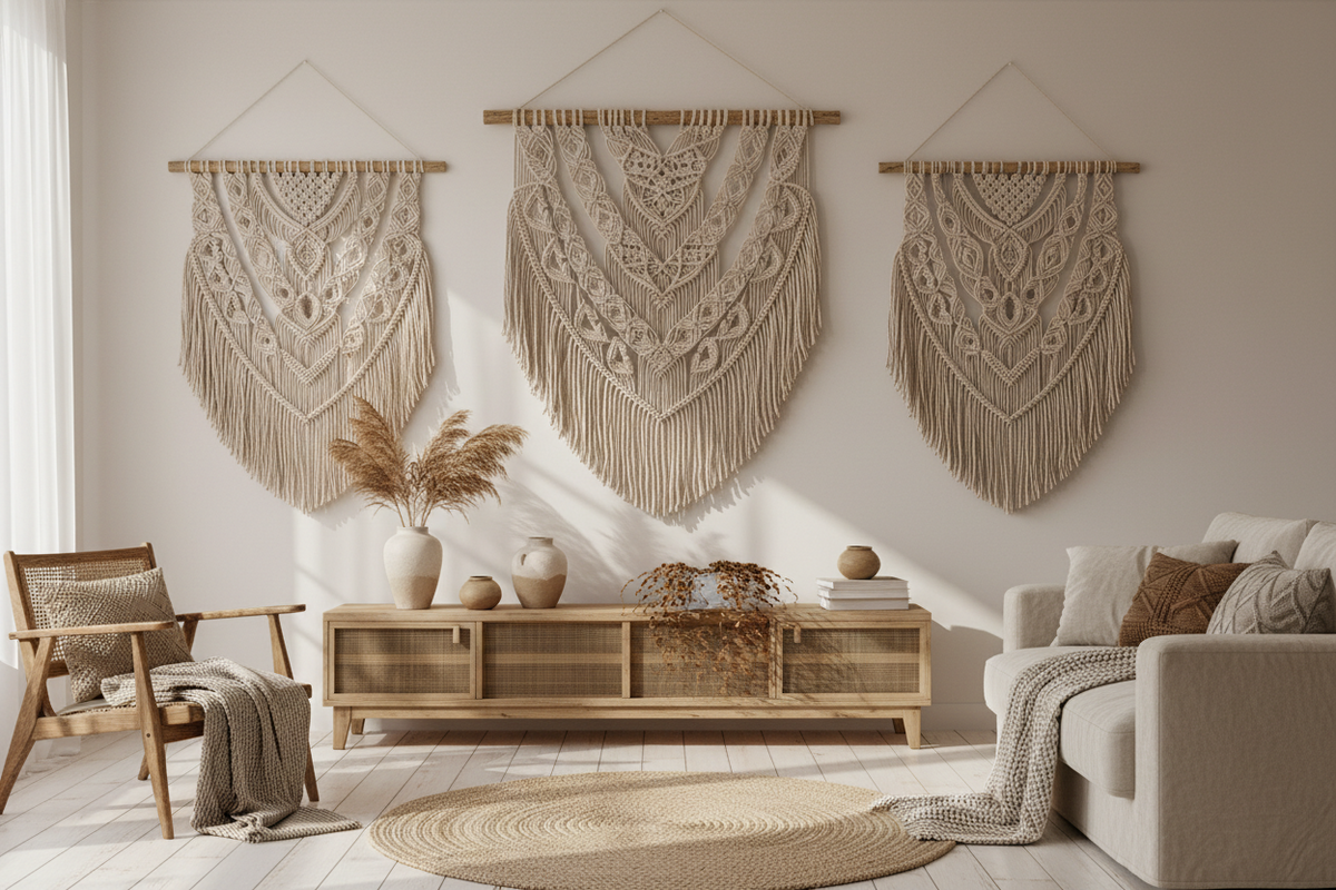 a bright bohemian living room wall decorated with large handmade macrame wall hangings, natural cotton texture, warm sunlight, neutral beige and cream tones, wooden furniture, soft shadows, minimal boho interior styling, high-end home decor photography