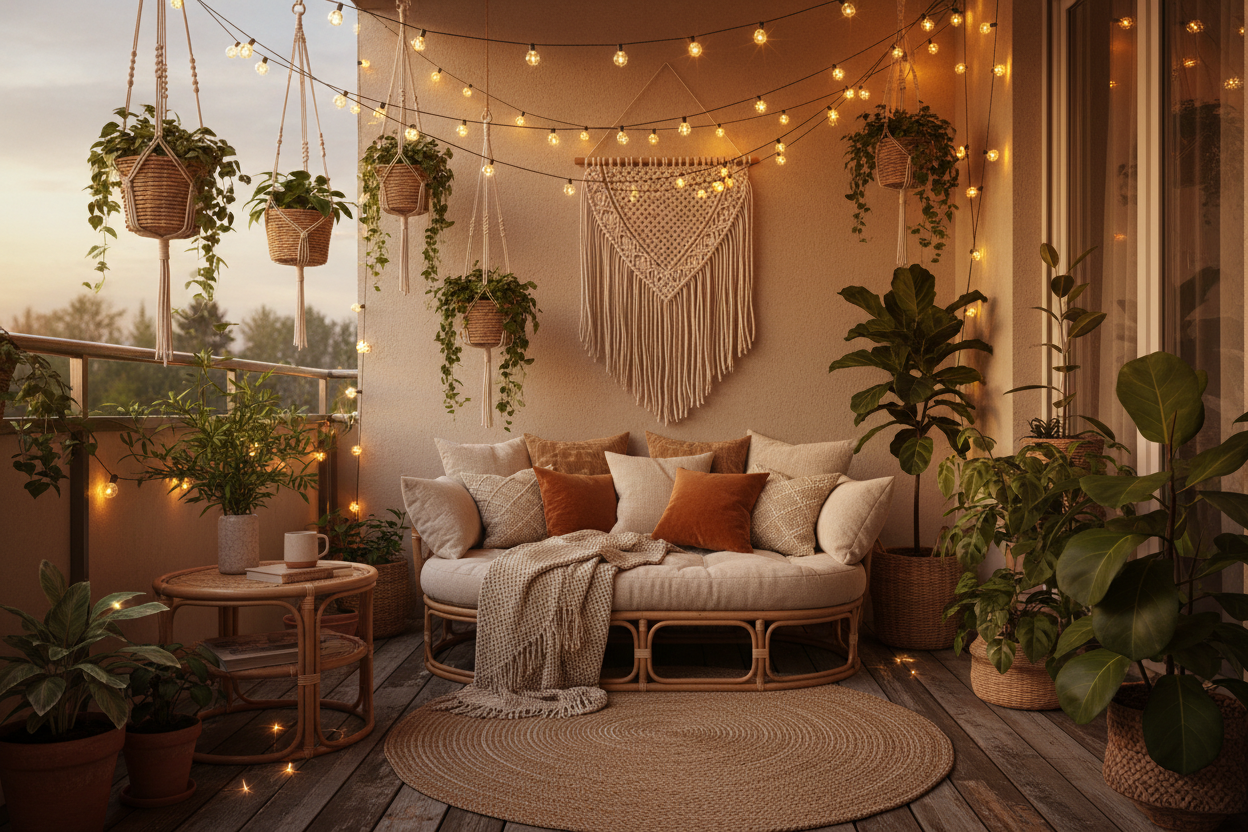 a cozy boho balcony decorated with warm string lights and fairy lights, relaxed seating area, woven textures, plants, soft evening glow, warm and dreamy atmosphere