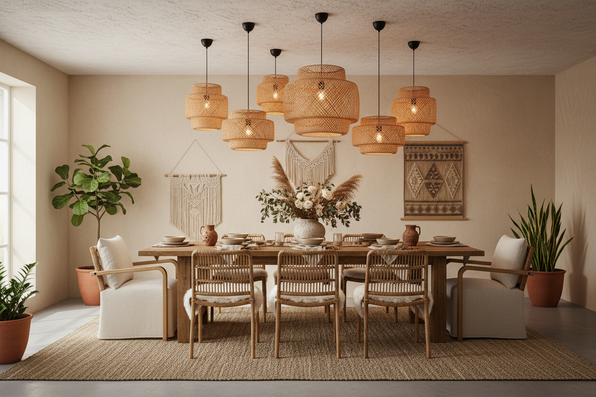 bohemian dining space with large rattan pendant lights hanging from the ceiling, warm ambient lighting, wooden table, neutral decor, soft natural light, high-end interior design photography