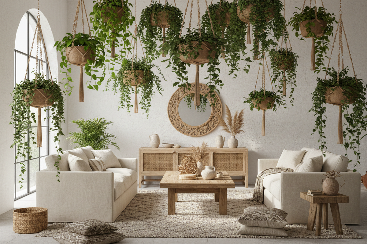 bohemian interior with macrame hanging planters holding lush green plants, natural sunlight, white walls, wooden furniture, soft shadows, minimalist indoor jungle aesthetic, high-end boho home decor photography