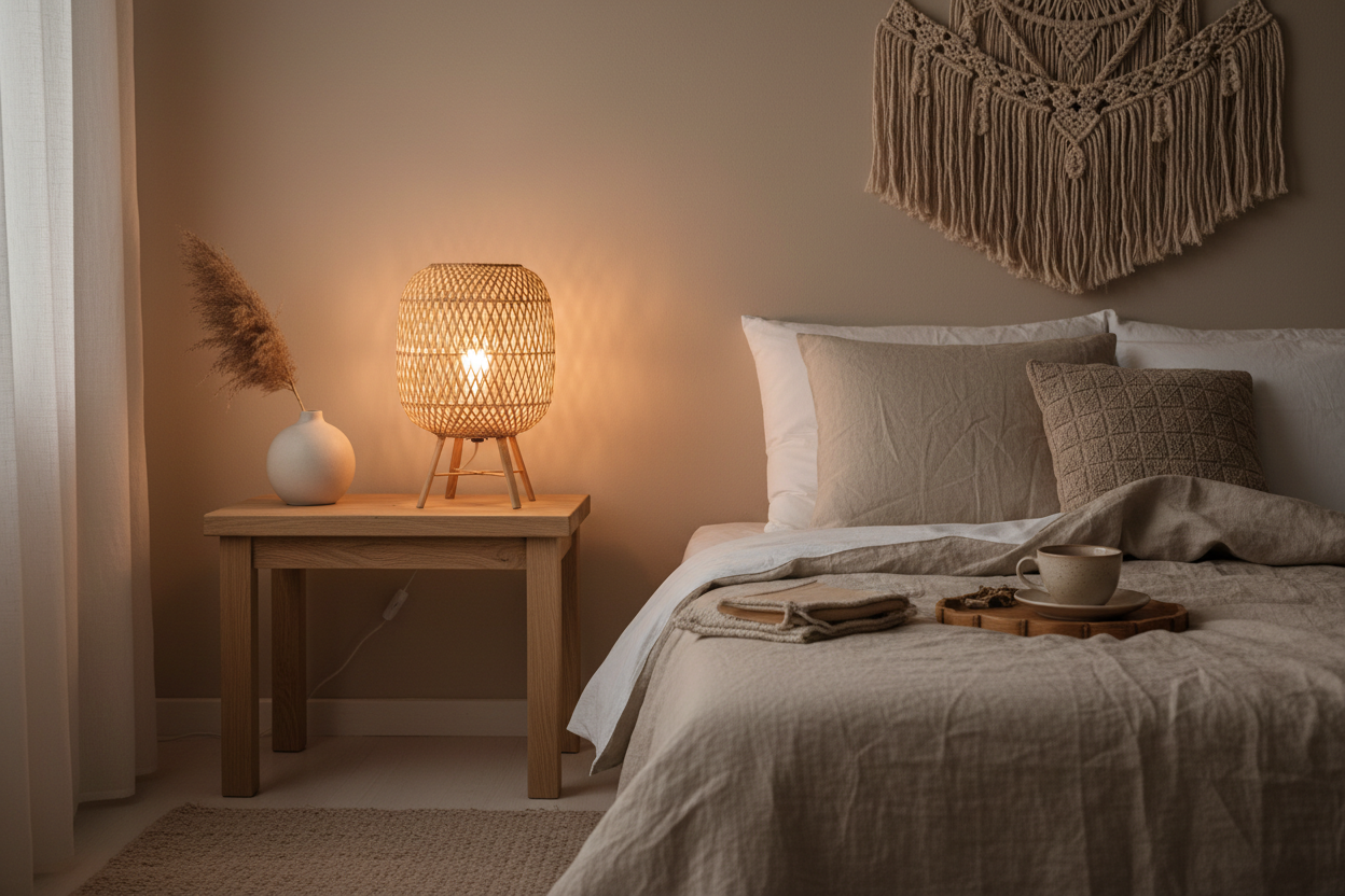 boho bedside table with a woven rattan table lamp, warm cozy lighting, linen bedding, neutral tones, minimalist bedroom decor, soft evening atmosphere, editorial interior photography