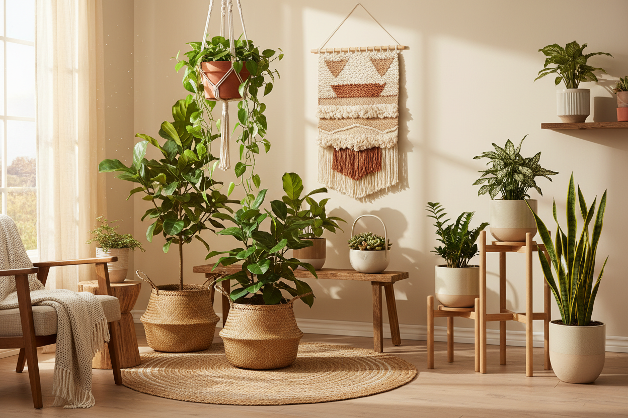 Bring nature indoors with our collection of boho planters and plant displays. From macrame hanging planters to woven plant baskets and minimalist plant stands, each piece complements natural greenery while adding warmth and texture to your home