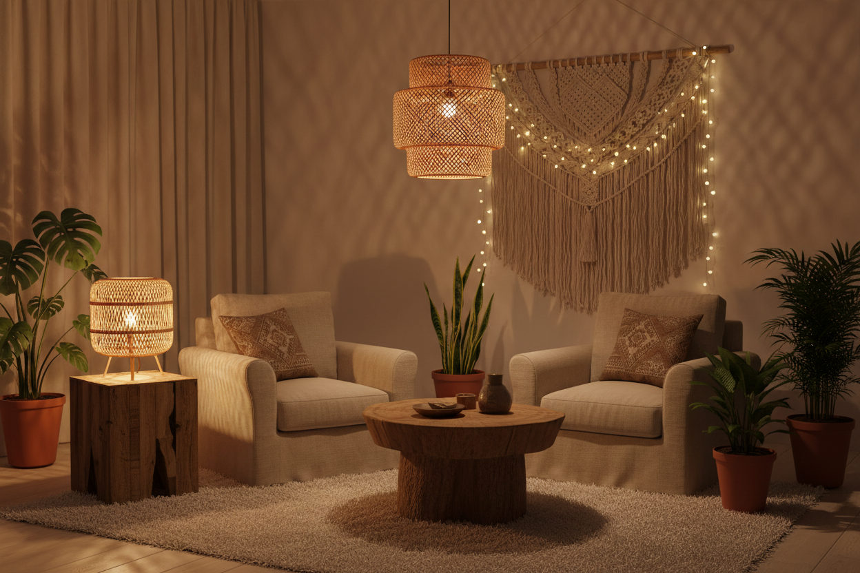 Create a warm and inviting atmosphere with bohemian lighting. Our collection includes rattan pendant lights, woven table lamps, and soft string lights designed to add ambient glow and natural texture.