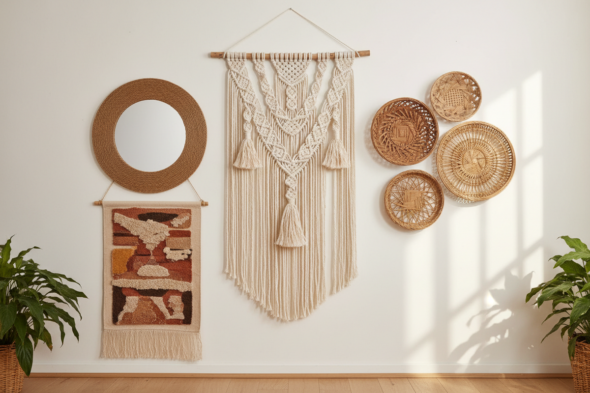 Discover beautiful boho wall decor designed to bring warmth and character to your space. From handcrafted macrame wall hangings to woven wall baskets, mirrors, and artistic tapestries, these pieces create a relaxed bohemian atmosphere