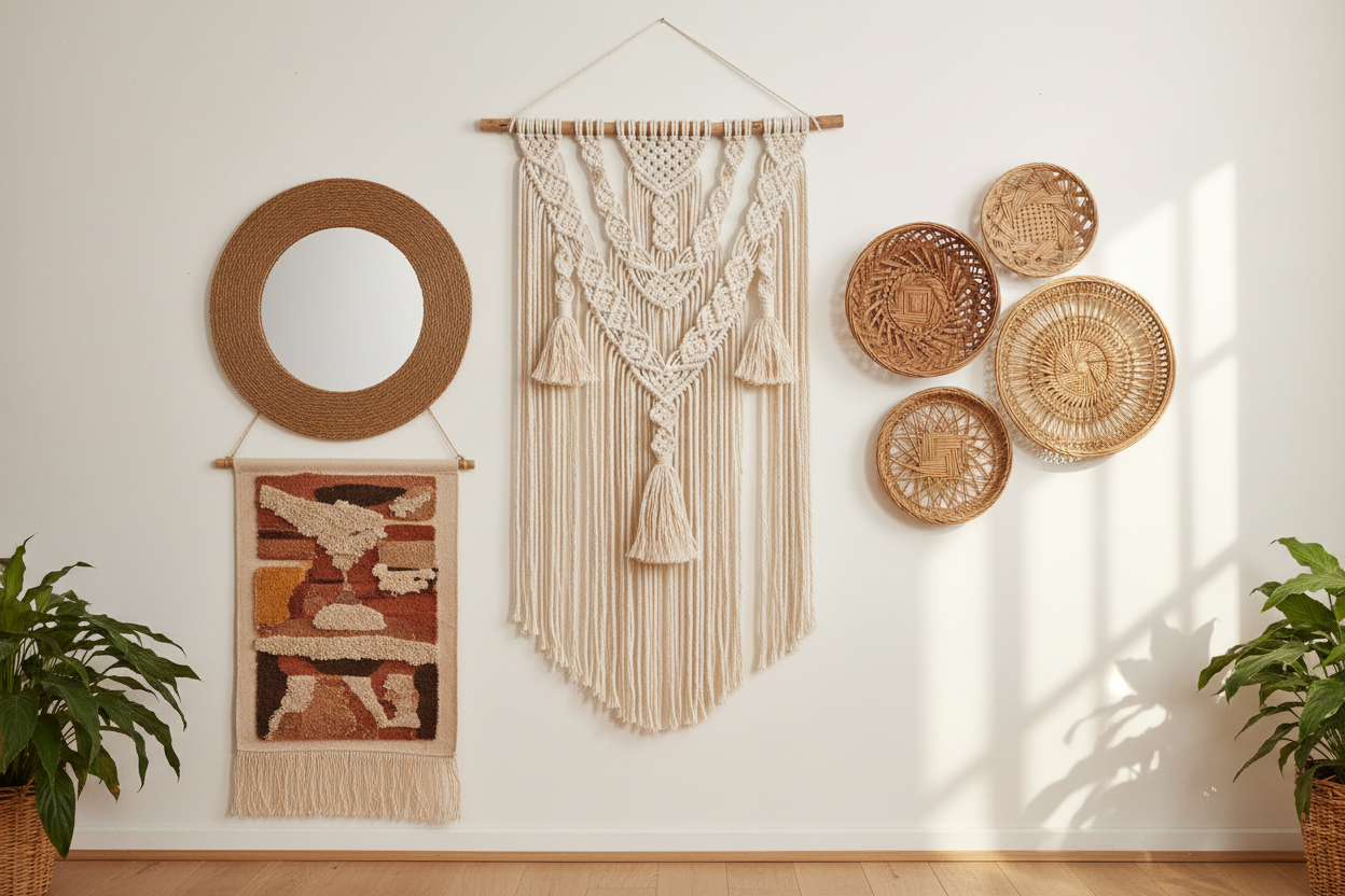 Discover beautiful boho wall decor designed to bring warmth and character to your space. From handcrafted macrame wall hangings to woven wall baskets, mirrors, and artistic tapestries, these pieces create a relaxed bohemian atmosphere