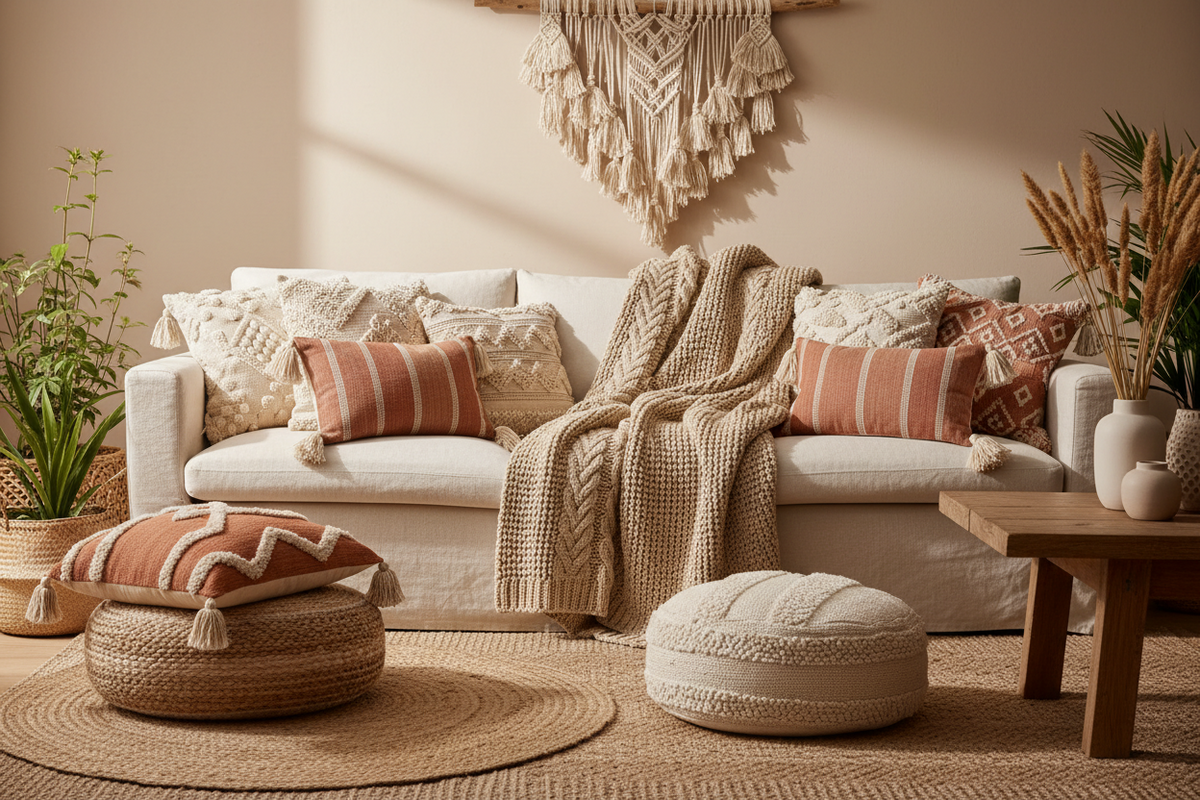 Soft textures and natural fabrics define our bohemian textiles collection. Explore throw pillows, tufted cushions, cozy blankets, and floor poufs designed to add warmth and comfort to your living space.