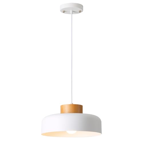 Modern Pendant Light with Real Wood Cap - 12.6” White Hanging Light Fixture for Kitchen Island, Dining Room Table - Adjustable Height Ceiling Light with E26 Socket - Scandinavian Style - color: White, size: 12.6 inches