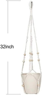 32inch Macrame Plant Holder,Indoor Hanging Planters with Wood Beads No Tassels Boho Home Decor (Ivory)
