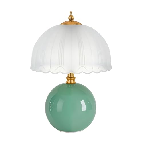 PARTPHONER Mushroom Table Lamp, Ceramic Bedside Lamp with Glass Shade, 3-Way Lighting (2700K-5000K) Rocker Switch, Small Nightstand Lamp for Bedroom, Living Room, Office, Green - color: Green