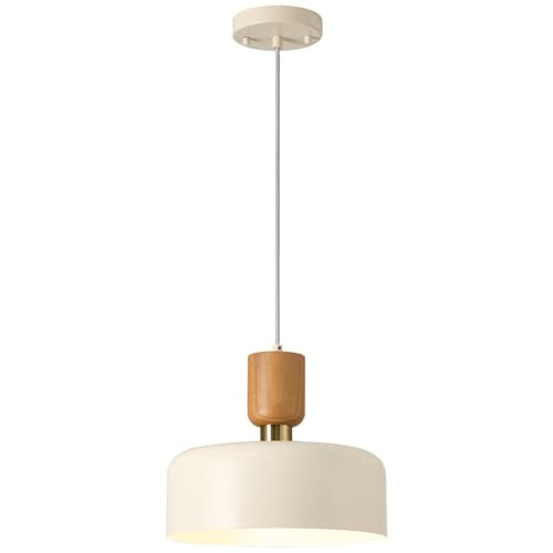 Modern Pendant Lighting,12 inch,Natural Wood and Brass Accent,Adjustable Pendant Light Fixtures for Kitchen Island,Dining Room,Soft Cream - color: Soft Cream
