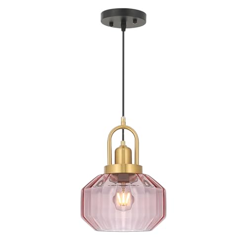 9in Mid Century Modern Pendant Light, Gold and Small Pink Glass | Vintage Lighting Fixture Ceiling Hanging Lamp for Kitchen Island Foyer Dining Room Bedroom Entryway Hallway Over Sink Table - color: Pink & Gold Hardwire, size: 9in