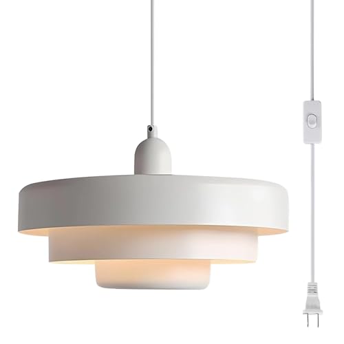Hanging Lamp Plug in White Pendant Light Fixtures Mid Century Modern Pendant Lamp Nordic Style Pendant Lighting Metal Shade for Living Room Dining Room Bedroom Kitchen Island - color: Standard-White (13.5in)