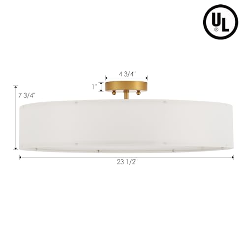 VILUXY Gold Semi-Flush Mount Ceiling Light Fixture with 24" Large White Fabric Drum Shade 5-Light for Bedroom Dining Room Entryway Round Ceiling Lamps - color: White