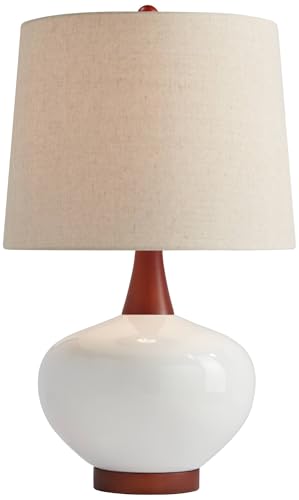 360 Lighting Brice Mid Century Modern Accent Table Lamp 23" High Ivory Ceramic Wood Neck Off White Tapered Drum Shade for Bedroom Living Room House Home Bedside Nightstand Office Family - color: Wood and White Smooth Ceramic