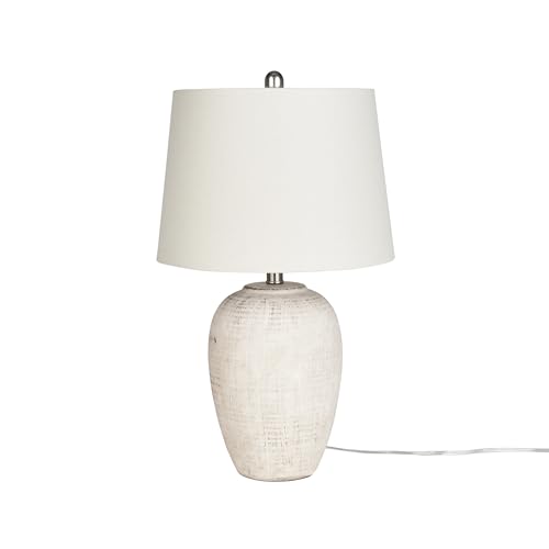 Nourison Home 23" Distressed Cream/Beige Rustic Ceramic Jar Table Lamp for Bedroom, Living Room, Dining Office, with Ivory Shade - color: Vintage Beige, size: 1 Lamp - Drum Shade