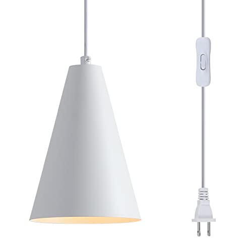 White Plug In Pendant Lights Kitchen Island,Dining Room Light Fixtures Over Table 1 Pack with Cone Metal Shade, Modern Farmhouse Mini Chandeliers with Cord On/Off Switch Hanging Lighting for Sink - color: 1Pack white-Plug in