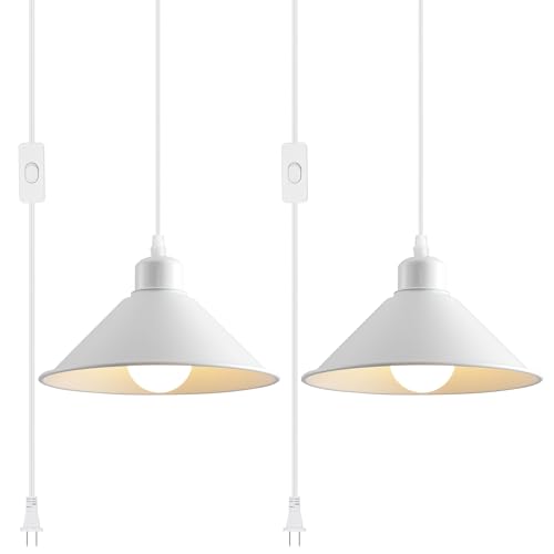 8.2IN Plug in Pendant Light, 2 Pack Industrial Hanging Lamp White Vintage Pendant Lighting Fixtures with 15ft Cord On/Off Switch for Kitchen Island Dinning - color: White Plug in Pendant Light 8.2IN