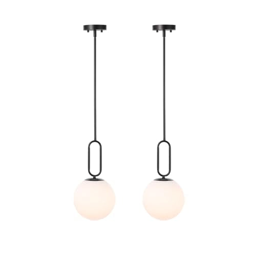 Modern Black Globe Pendant Light Milky White Globe Glass Shade 2 Pack Adjustable Rods Hanging Ceiling Light Fixtures for Kitchen Island Living Room - color: Black 2 Pack-Adjustable Rods