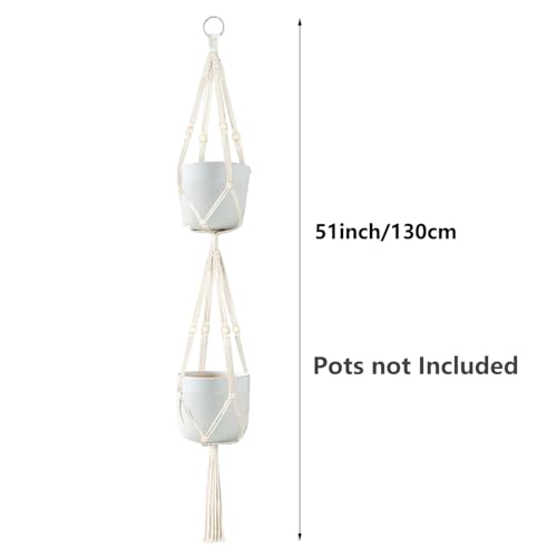 Belit 2 Pack Double Macrame Plant Hangers 2 Tier Hanging Planter Basket Decorative Flower Pot Holder Rope for Indoor Outdoor Home Decor 51 Inch - color: Beige, size: 51"- 2 Tier