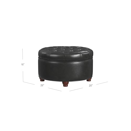 HomePop 25" Button Tufted Round Storage Ottoman - Black Faux Leather - color: Black Faux Leather