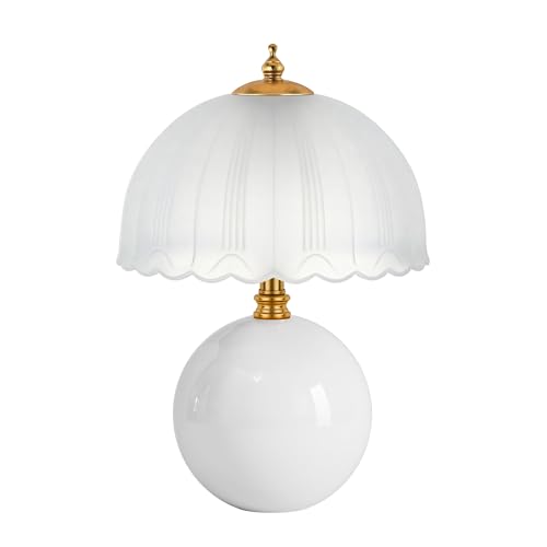 PARTPHONER Mushroom Table Lamp, Ceramic Bedside Lamp with Glass Shade, 3-Way Lighting (2700K-5000K) Rocker Switch, Small Nightstand Lamp for Bedroom, Living Room, Office, White - color: White