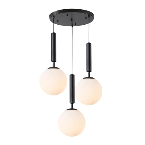 BOKT 3 Light Globe Cluster Pendant Light Modern Black Hanging Pendant Light Fixture White Milk Glass Vintage Farmhouse Pendant Lights Kitchen Island Adjustable Height Stairwell Lighting Chandelier - color: Black-3Light