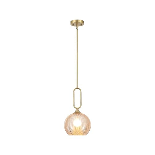 Amber Glass Pendant Light Modern Globe Pendant Lighting Nordic Ribbed Gold Ceiling Hanging Chandelier with Brushed Brass Adjustable Rods Dining Room Kitchen Island Light Fixture - color: Gold-Amber