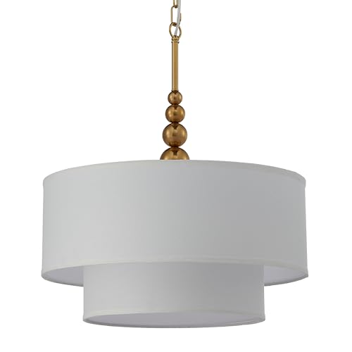 Shrine Lighting White Double Drum Chandelier, Dining Room Design, Drum Pendant Lights for Dining Room, D20'' x H10'', Adjustable Chains 55'', E12*4 Sockets, White Linen Fabric Lampshade & Gold Rod - color: Gold Rod&White Double D20''