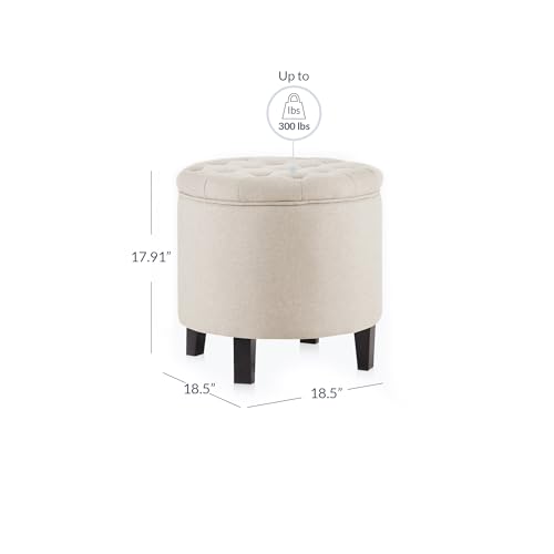BELLEZE Modern Button Tufted Accent Storage Ottoman, Small Upholstered Circle Pouf Footstool with Lift Top, for Bedroom, Living Room or Vanity, 17-3/4" Round - Lexington (Beige) - color: Beige
