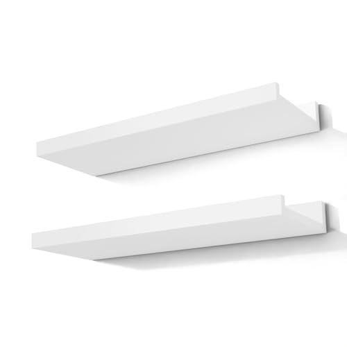 White Floating Shelves for Wall Decor, Wall Mounted Wood Storage Shelf for Bedroom, Living Room, Bathroom, Kitchen, Nursery, Display Picture Ledge Shelf with Lip Set of 2-14 Inches, White - color: White, size: 13.6in