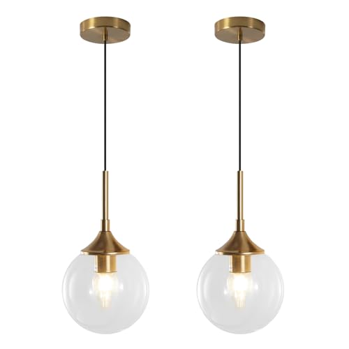 KCO Lighting Brushed Gold Kitchen Pendant Light 7” Modern Clear Glass Globe Pendant Light Brass Dining Room Light Fixture Mid Century Entryway Hanging Light Fixture (2 Pack) - color: Gold+Clear-2PC